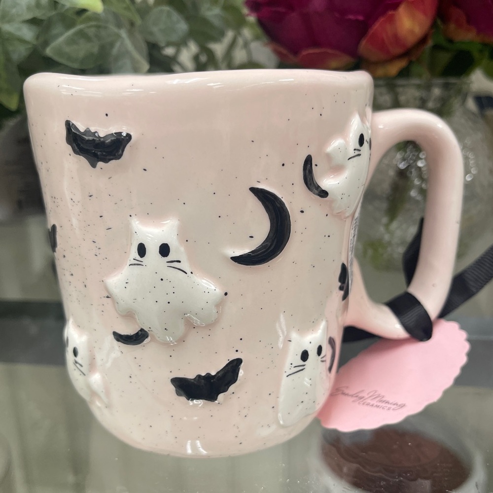 Pink Halloween Black Cats Ghost Cats & Bats 🐈‍⬛👻🎃 Ceramic Coffee Mug NWT